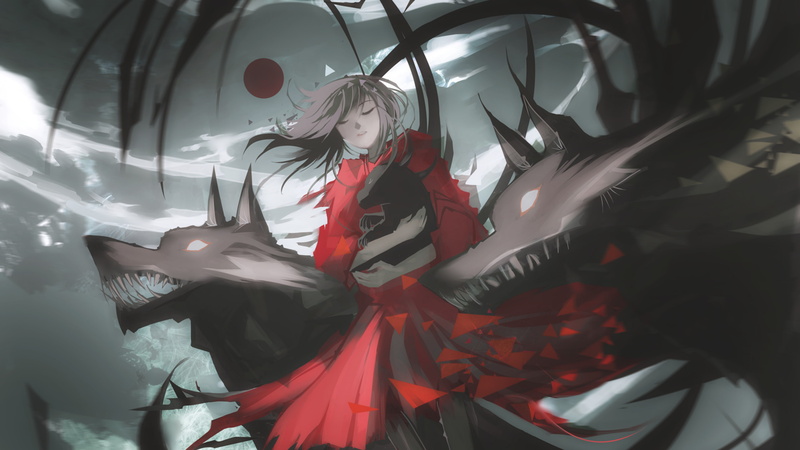 4K, wolf, anime girls, Red moon