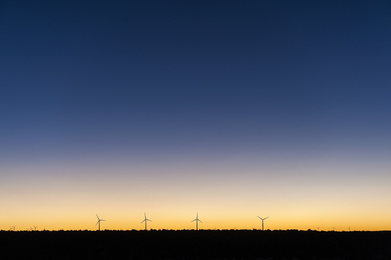 sunset, power in nature, alternative energy, wind farm, electricity, no people, clear sky, land, blue, turbine, minimalism, wind turbine, landscape, fuel and power generation