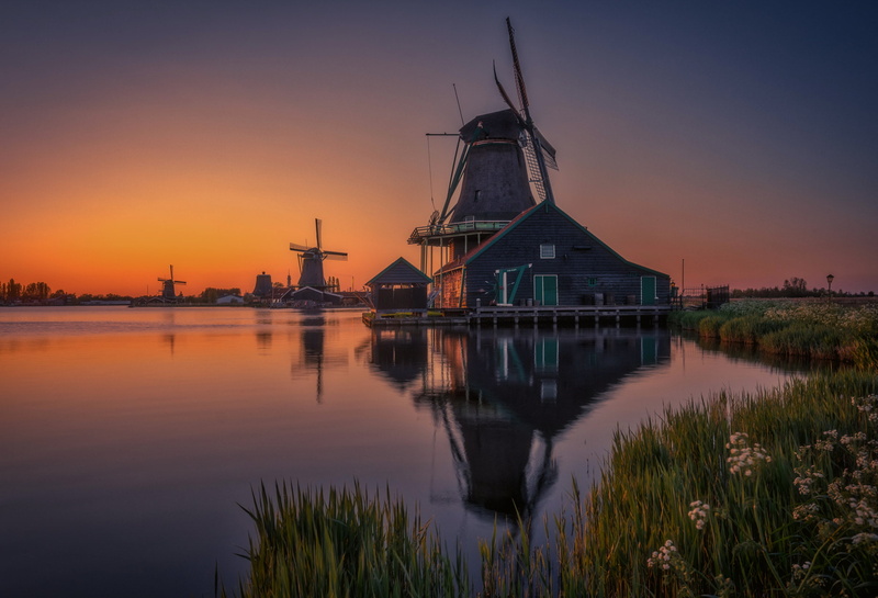 architecture, landscape, sunset, Remo Scarfò, outdoors, reflection, environmental conservation, windmill, environment, water, wind power, nature, building exterior