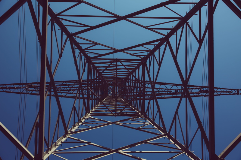 clear sky, directly below, bridge, transmission, grid, low, pylon, nature, power line, black, line, alloy, building, 5K, power, built structure, ornament