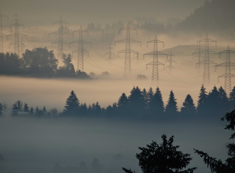 tranquil scene, plant, pylon, 2K, power line, cable, electricity, sky, beauty in nature, high voltage, hazy, atmospheric, fuel and power generation, energy