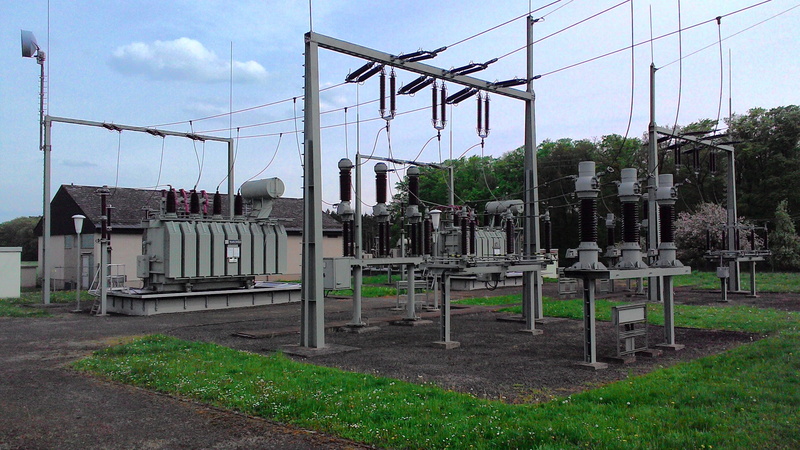 nature, energy, current, boundary, tree, substation, plant, power line, sky, cable, building exterior, line, field, outdoors, built structure, land, grass