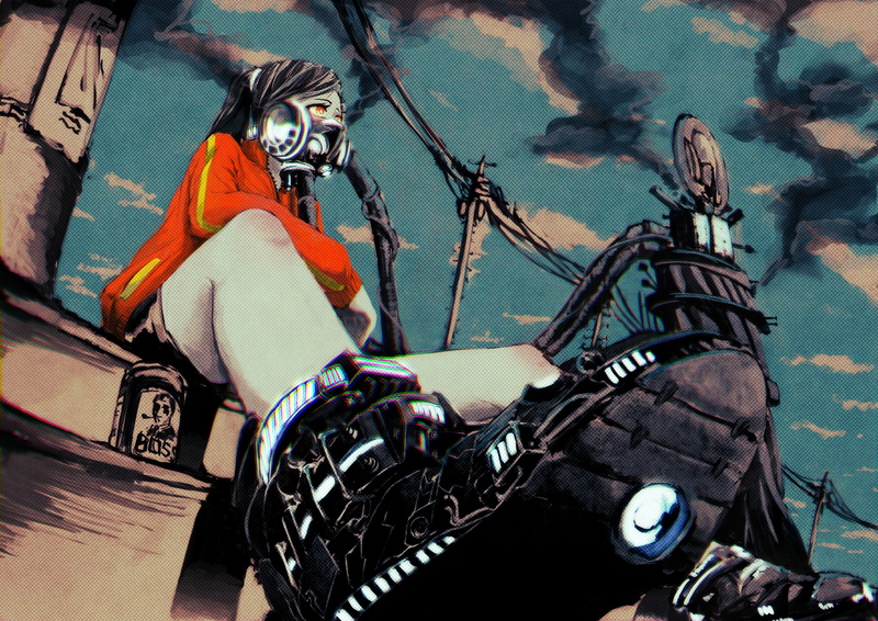 worms eye view, power lines, anime girls, gas masks, anime, 2K, sitting