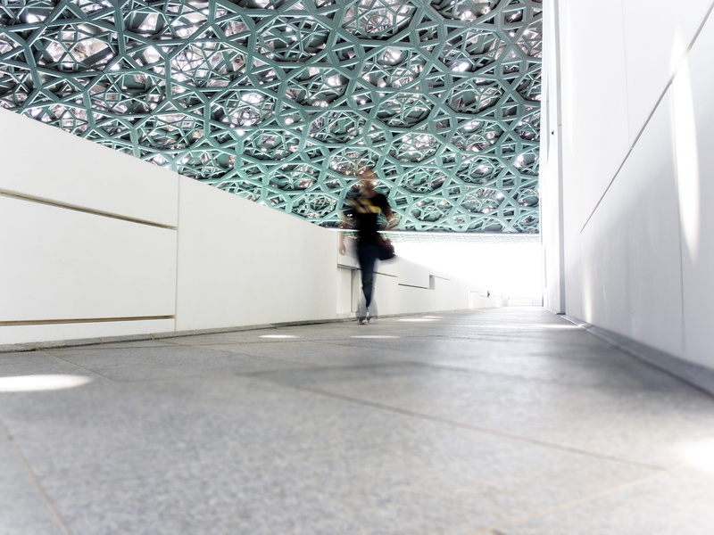 walking, adult, arcade, 4K, tiled floor, day, flooring, louvre, standing, design, architecture, one person, real people, empty, corridor, built structure