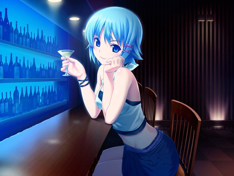ornaments, rikka, kiss, bare, blue, eyes, short, exposed, midriff, wine, koutaro, bracelets, tropical, indoors, miniskirts, bar, shoulders, game, hair