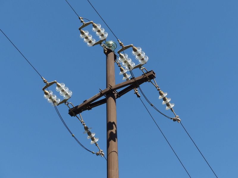 low angle view, Insulators, communication, electricity Pylon, blue, electricity, no people, cable, strommast, telephone line, lighting equipment, connection