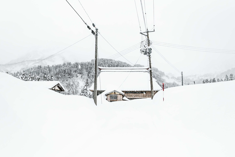 no people, house, outdoors, 1283 gamaike, snow, landscape, electric transmission tower, mountain, winter, electricity, covering, japan, connection, sky