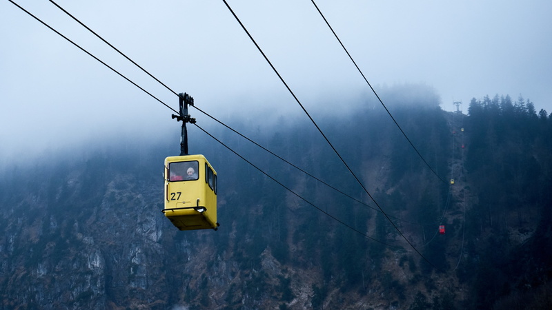 no people, yellow, connection, mountain, power line, nature, fog, tree, near, outdoors, electricity, danger, 4K, overhead cable car, journey, sign, foggy