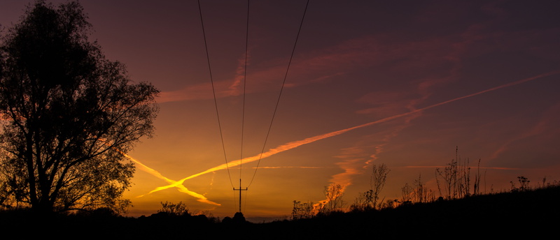 streaks, scenics - nature, nature, strip chemical, electricity pylon, silhouette, vapor trail, environment, sunset, romantic sky, technology, letter, power pole