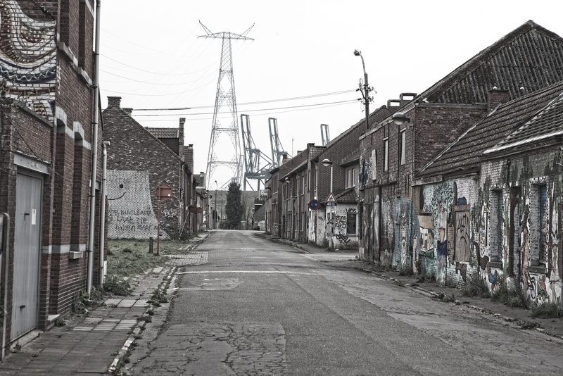 clear sky, architecture, abandoned, walkway, sky, path, direction, no people, street, road, power lines, abandoned village, the way forward, residential district