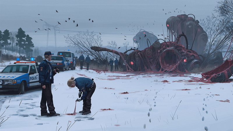 digital art, Futuristic, 1080P, Police Cars, science fiction, Simon Stålenhag, police, snow