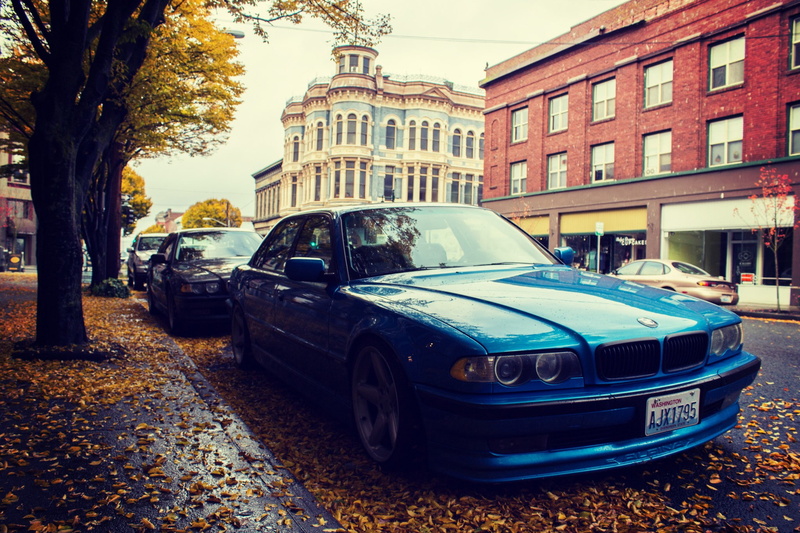 Autumn, 750il, E38, bmw, street, side view, 1080P, il, blue, e, leaves