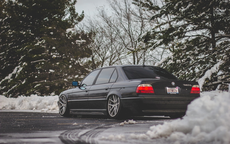 Bmw, motor vehicle, on the move, mode of transportation, nature, outdoors, Rear view, car, plant, road, snowing, motion, winter, snow, 740il, Black, 5K
