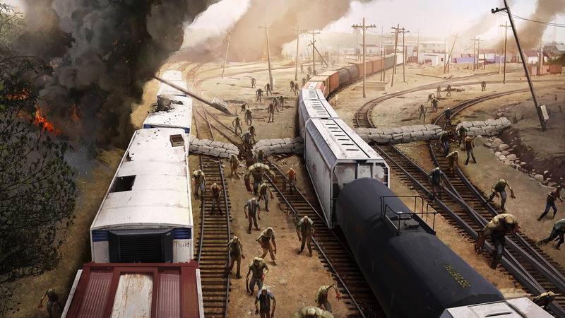 composition, cars, 1080P, zombies, fire, smoke, region screen junction, railroad