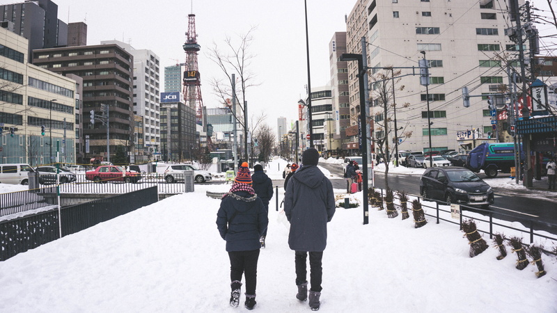nature, day, warm clothing, sapporo, building exterior, snow, snowing, vacation, transportation, land vehicle, extreme weather, couple - relationship, city