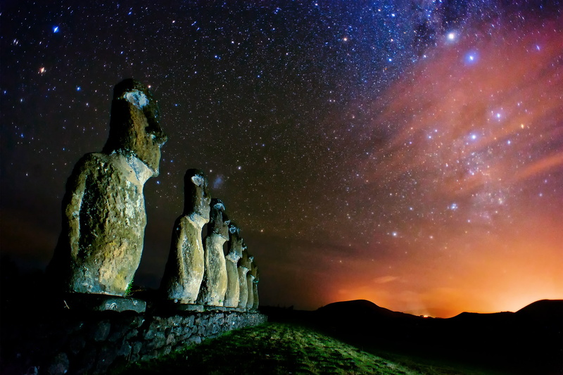 Magellanic clouds, Ostrov Easter, Rapa Nui, 1080P, stars, the Moai statues, night, the milky way