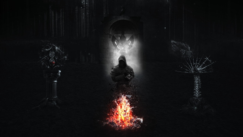 shadow, fire, souls, trees, forest, hourglasses, roots, rock, gloomy, crow, demon, dark, skull, black, Grim Reaper, ghosts, 1080P, mist, night, reaper
