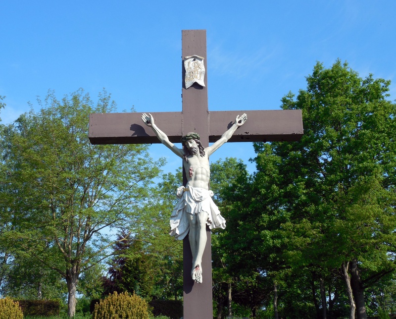cross, belief, tree, crucifix, plant, representation, religion, low angle view, statue, church, jesus, male likeness, no people, sky, day, sculpture, faith