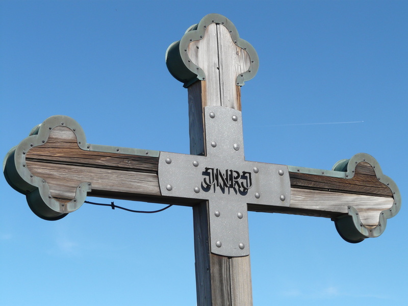 2K, cross shape, cross, guidance, inri, nature, religion, summit cross, sky, faith, wood, no people, outdoors, sign, belief, clear sky, holy, low angle view