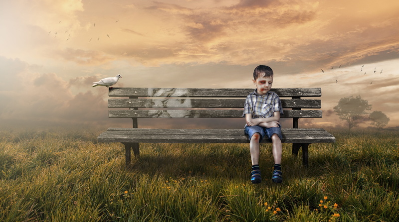 one person, outdoors, seat, lonely, angel, kid, dove, men, pre-adolescent child, casual clothing, sky, clouds, pain, boy, front view, hurt, nature, cloud - sky