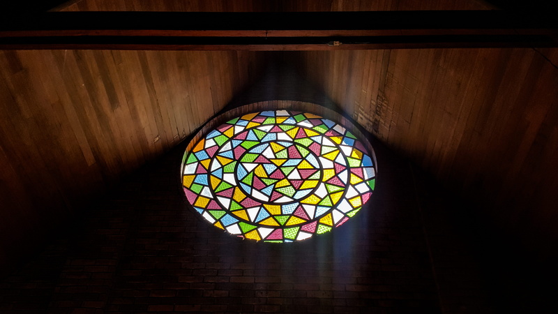 geometric shape, multi colored, stained glass, ceiling, directly below, indoors, glass - material, davao city, wood - material, shape, choice, table, illuminated