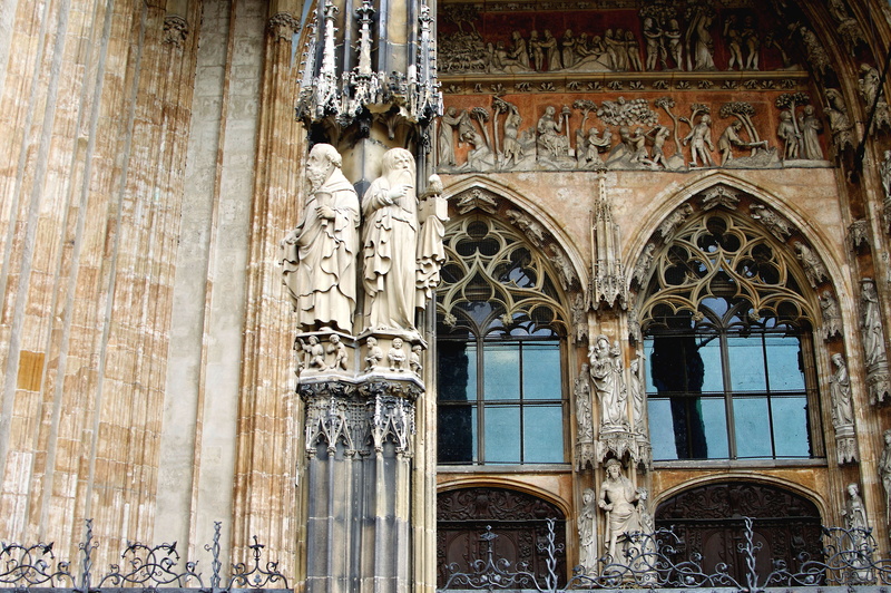 the past, Gothic, Figures, ornate, window, low angle view, highest church tower, arch, facade, germany, architectural column, outdoors, building exterior