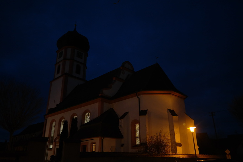 low angle view, building, tower, st franziskus, steeple, illuminated, night, sky, no people, built structure, at night, 5K, evangelical parish, religion