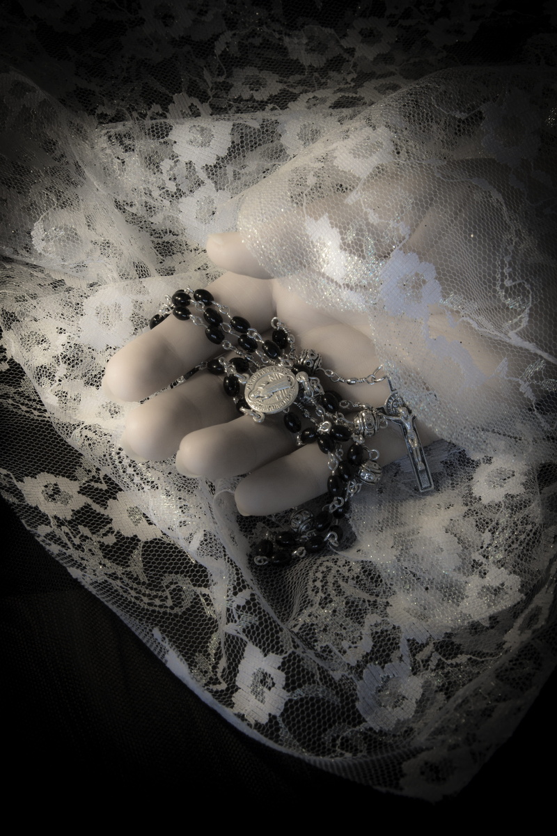 design, close-up, lifestyles, belief, symbol, indoors, Hand, vignette, white color, lace, Pray, high angle view, celebration, worship, no people, catholicism