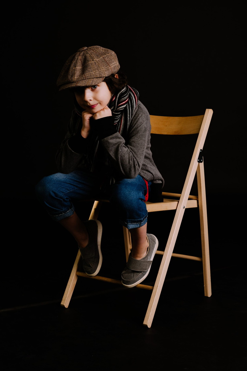 adorable, women, studio, model, sit, indoors, camera, headwear, person, wooden chair, pose, photo, 4K, young adult, wear, fashion, jeans, kid, chair, casual clothing