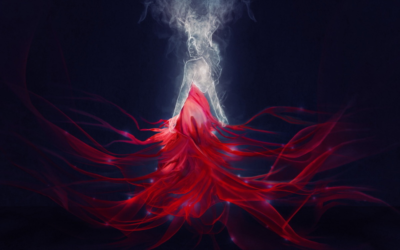 red, smoke, fantasy art, woman, art, fantasy, red dress, 2K, dress
