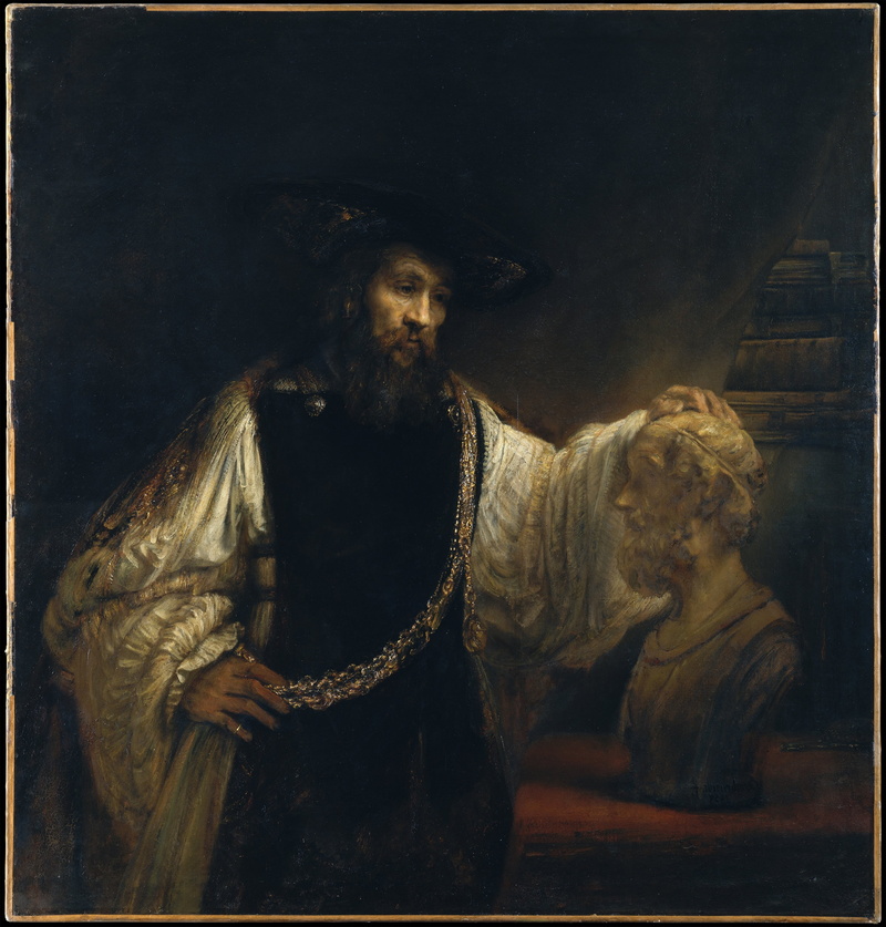 Rembrant, artwork, Classic Art, Aristotle With The Bust Of Homer, 4K, history, painting, Greek Mythology