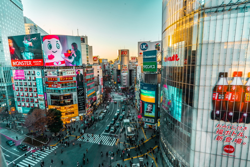 high angle view, mode of transportation, cityscape, motor vehicle, office building exterior, Shibuya, tarmac, intersection, Drone, 4K, building exterior