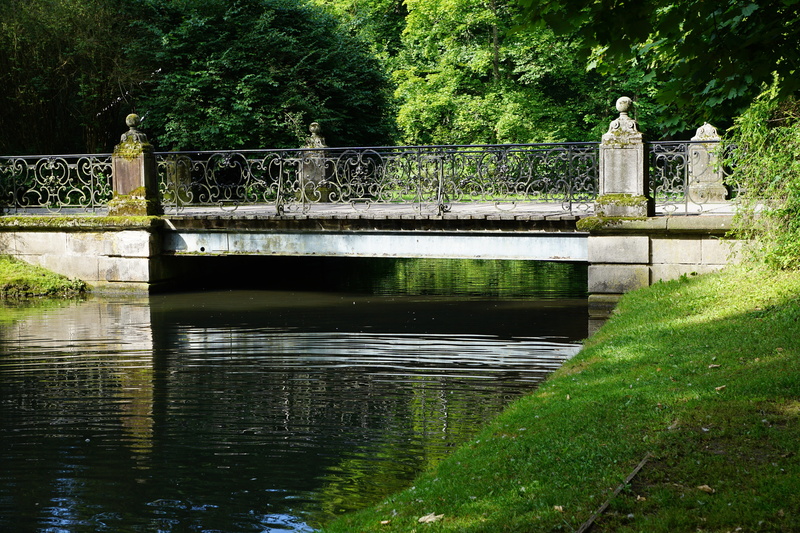 tree, more, meadow, bridge, growth, castle pond, formal garden, human representation, statue, autumn, lake, landscape, no people, park, iron bridge, germany