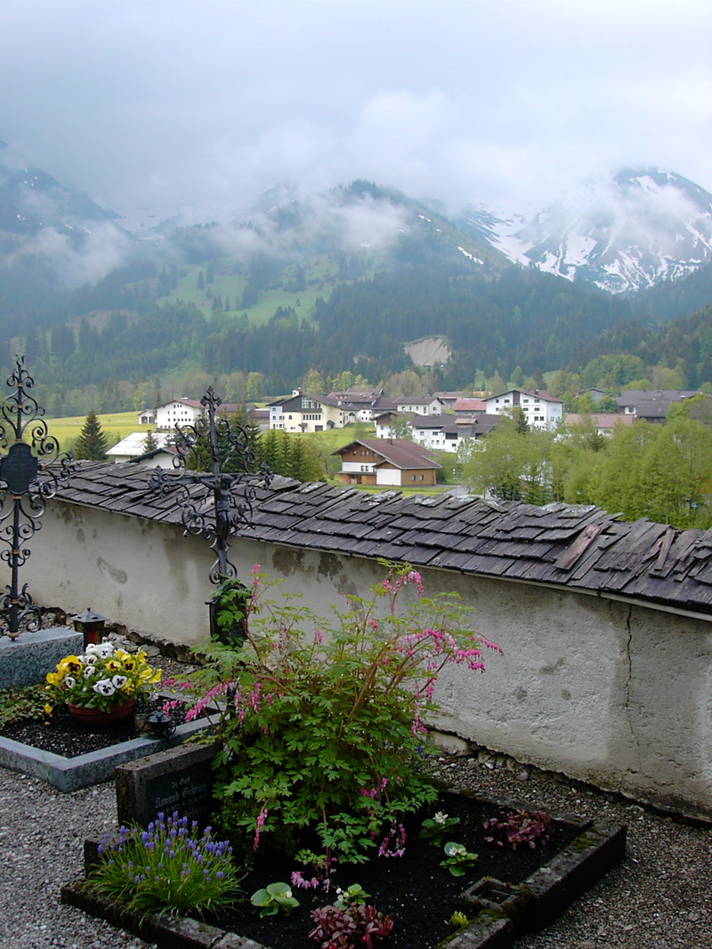 panorama, scenics - nature, no people, cemetery wall, grave, growth, mountain range, cemetery, sky, building, roof tile, art, nature, graves, flower, wrought iron