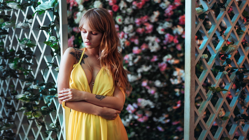 1080P, dress, women, model, arms crossed, yellow dress, Ivan Gorokhov, Anastasia Scheglova