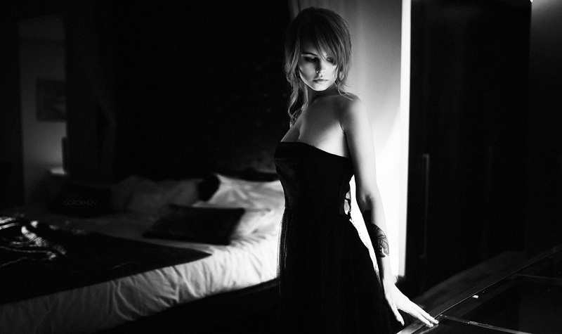 room, 1080P, women, black dress, monochrome, Ivan Gorokhov, model, Anastasia Scheglova, tattoo