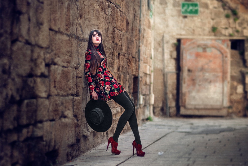 alley, portrait, full length, brick, girl, lifestyles, shoes, fashion, leisure activity, smiling, wall, one person, dress, bokeh, architecture, outdoors