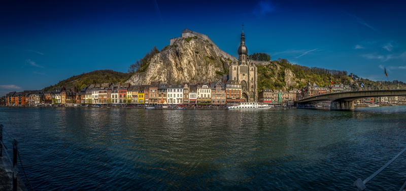building, Dinant, River Meuse, NAMUR, river, mountains, the river Maas, ship, promenade, Belgium, bridge, panorama, 8K, Church, Dinan