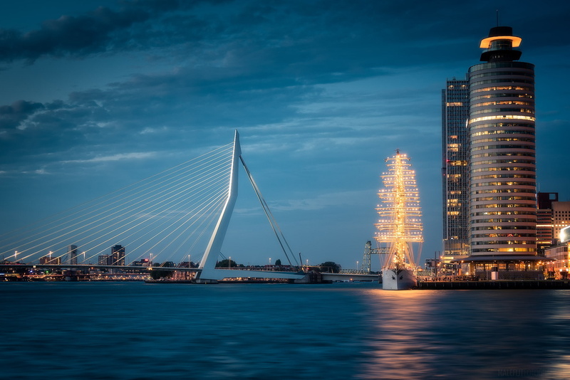 The River Maas, Meuse River, bridge, skyscraper, Netherlands, night city, sailboat, river, ship, building, World Port Center, Erasmus Bridge, The Erasmus Bridge
