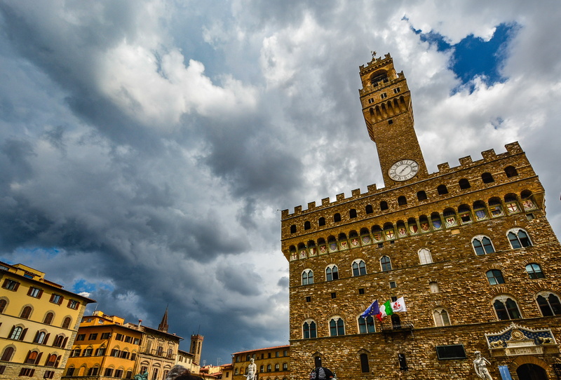 architecture, italy, sky, signoria, the past, tower, clock, city, built structure, gothic style, building exterior, europe, building, low angle view, famous Place