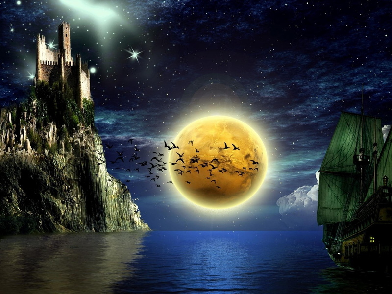 beautiful, colors, ship, colorful, 1080P, stones, magical, dark, castle, shadow, moonlight, splendor, birds