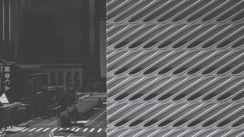 the broad, city life, los angeles, pattern, lines, skyscraper, modern, 5K, building exterior, outdoors, land vehicle, way, tarmac, high angle view, zebra crossing