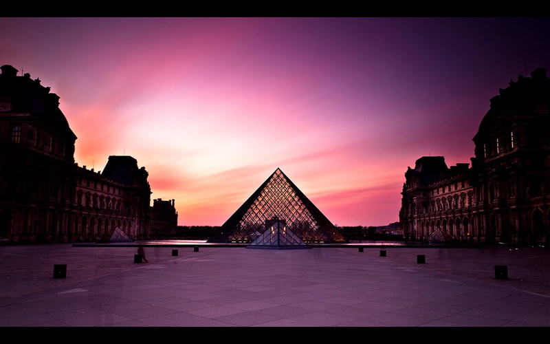 Louvre, transfer print, the past, building, building exterior, sky, built structure, 720P, outdoors, no people, city, purple, auto post production filter
