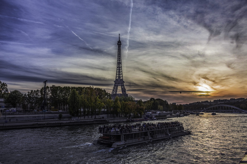 travel, boat, urban, sunset, couché de soleil, tour eiffel, seine, city, passenger craft, tower, eiffel, transportation, bridge, sailboat, no people, built structure