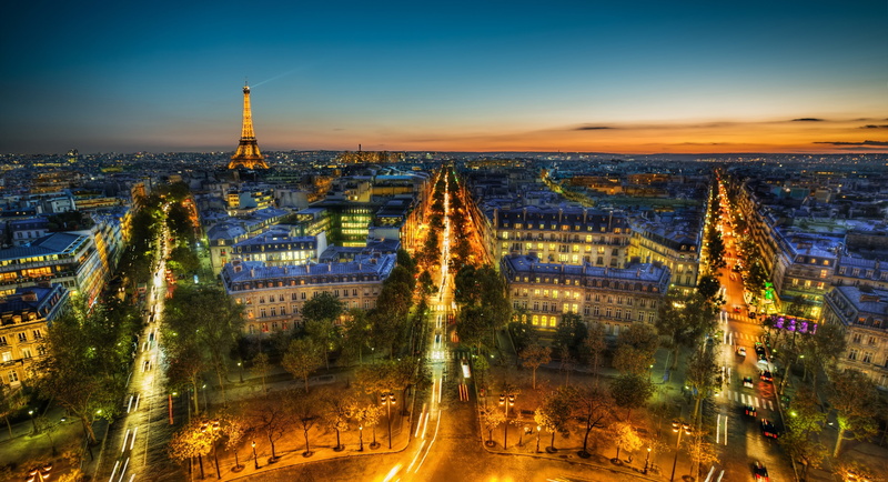 the sky, outdoors, La tour Eiffel, illuminated, travel, built Structure, sunset, crowded, road, France, building, tourism, town, Ile-de-France, city, trees