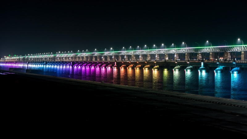 city, sky, krishna river, outdoors, built structure, connection, building exterior, copy space, water, nature, 4K, river, night, india, dark, illuminated
