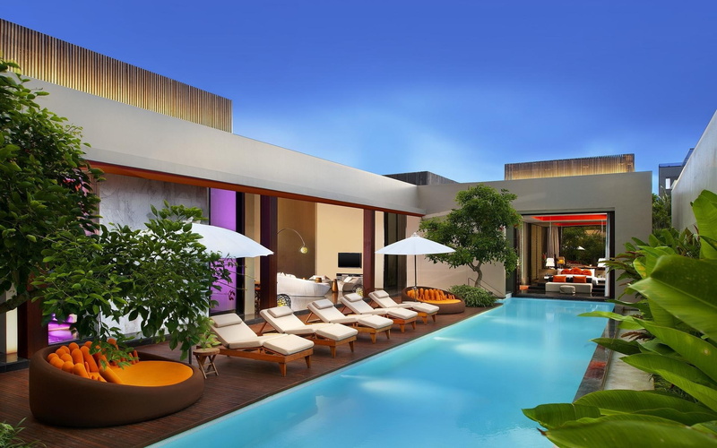 plants, resort, chairs, near, umbrella, holiday, 1920x1200, swimming, 1080P, photography, pool