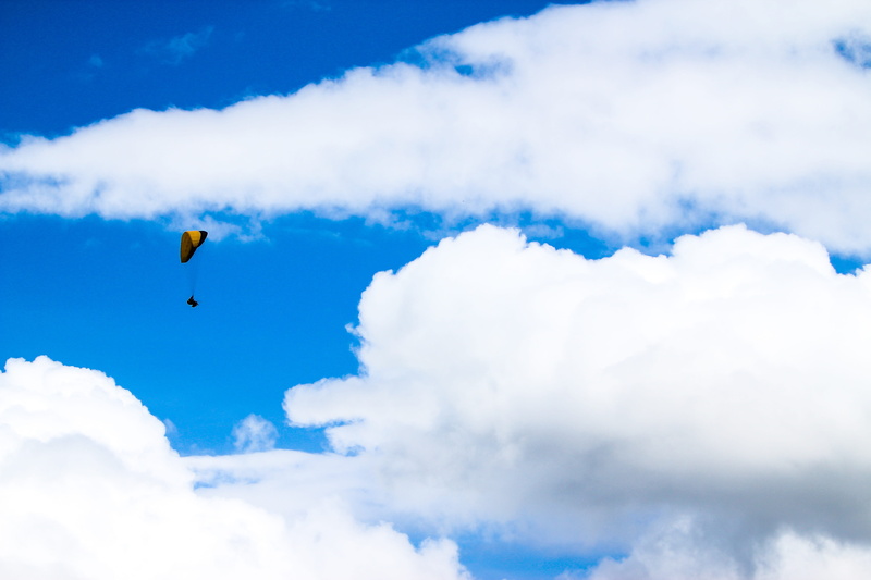 blue day, baiyun, gliding, taiwan, extreme sports, mid-air, landscape, sky, adventure, green, blue, beauty in nature, unrecognizable person, leisure activity