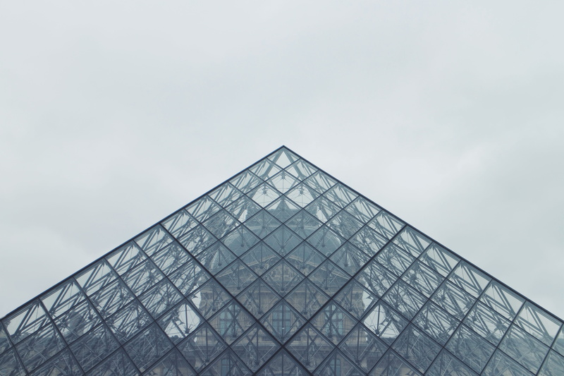 pyramid, steel, 5K, modern, louvre museum, cloud - sky, building exterior, city, day, nature, crystal, triangle shape, low angle view, office building exterior