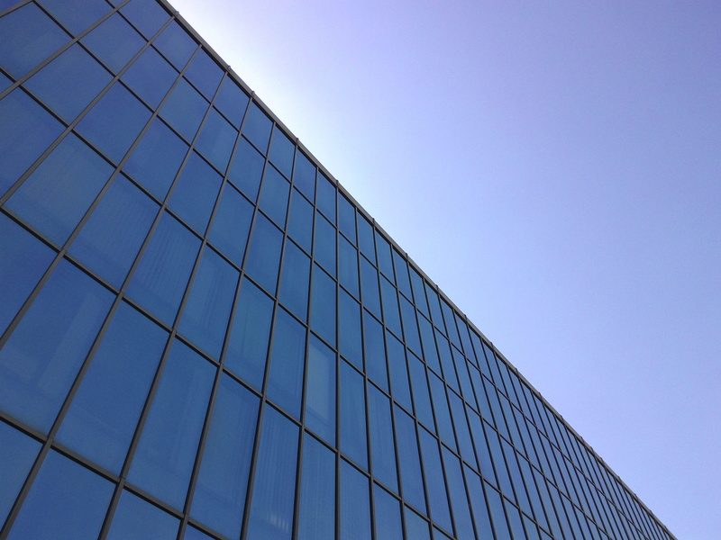 office, sky, office building exterior, shape, technology, glass - material, low angle view, pattern, industry, metal industry, outdoors, copy space, building exterior